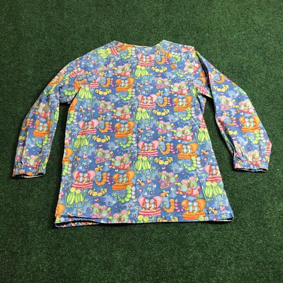 Fundamentally Cotton By White Swan Scrubs Sz S Long Sleeve Button Caterpillars - Picture 2 of 5